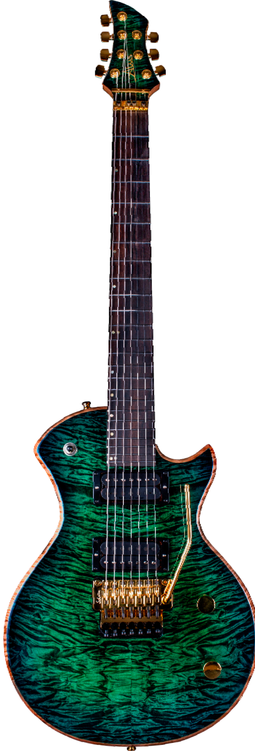 Guitarra Chaos Emerald — acabado verde esmeralda quilted con herrajes dorados