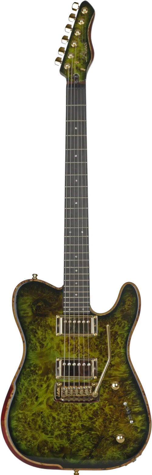 Guitarra Silvestre — acabado verde musgo con madera burl natural